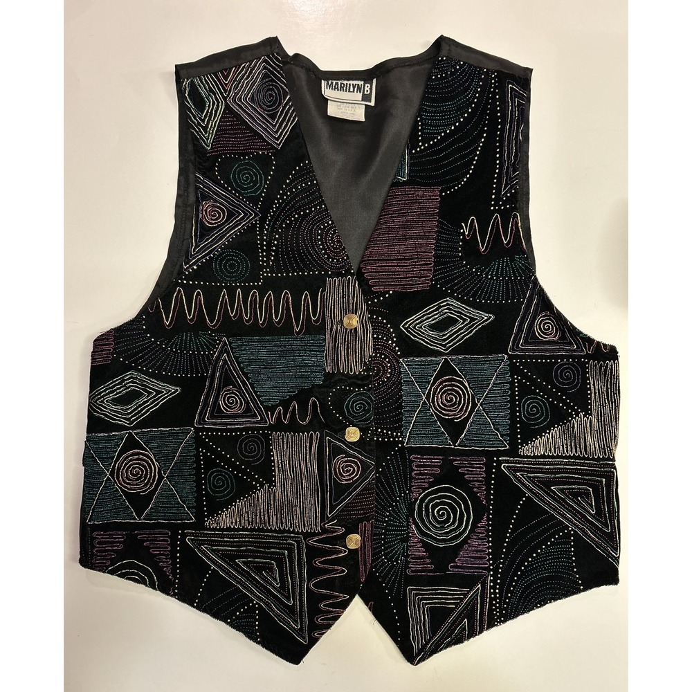 Marilyn B Vintage 90s Embroidered Vest Womens M Velvet Black Gold Button USA